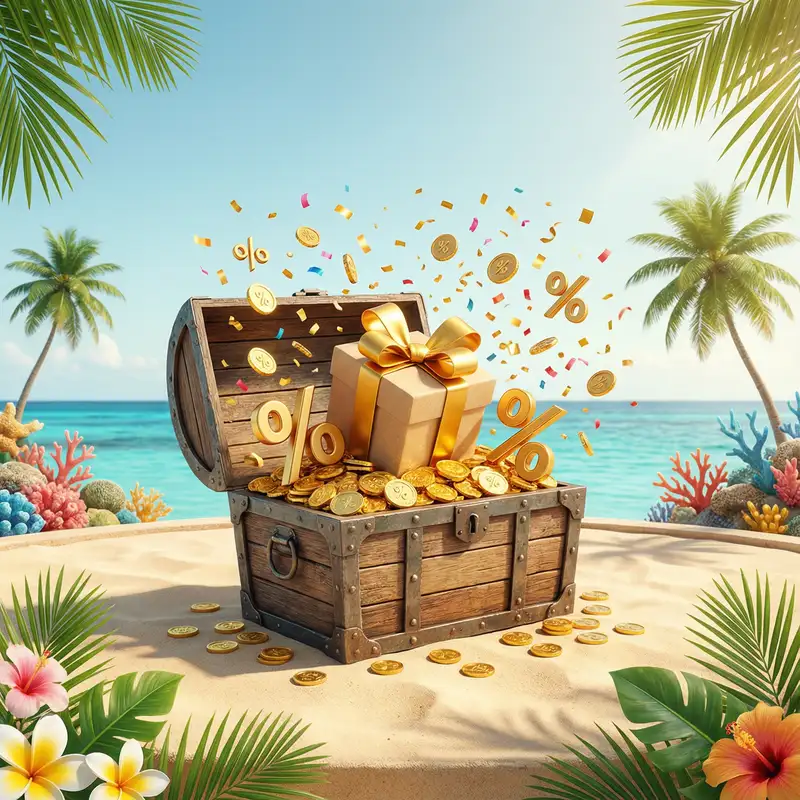 Cofre del tesoro con monedas de oro y bonos de casino en playa tropical